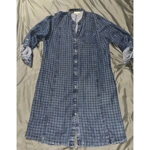 J. Jill Denim Blue Gingham Check Button Front Roll Tab Shirt Dress With Pockets